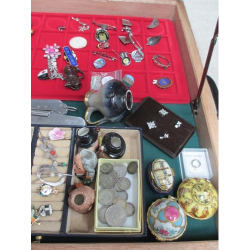 647 - A display case containing assorted jewellery, trinket boxes, badges etc., (this lot is buyer collect... 