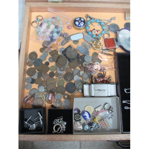 648 - A display case containing assorted coins, silver pendants and other jewellery etc., (this lot is buy... 