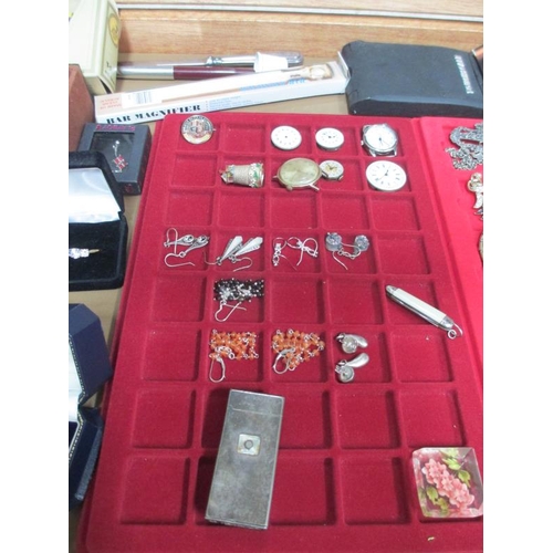 649 - A display case containing assorted jewellery and watches etc., (this lot is buyer collect only).