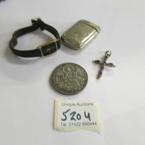 520U - A silver and amethyst cross, a Papal medallion, silver plate vesta etc.,