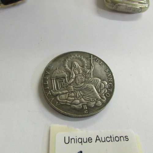 520U - A silver and amethyst cross, a Papal medallion, silver plate vesta etc.,