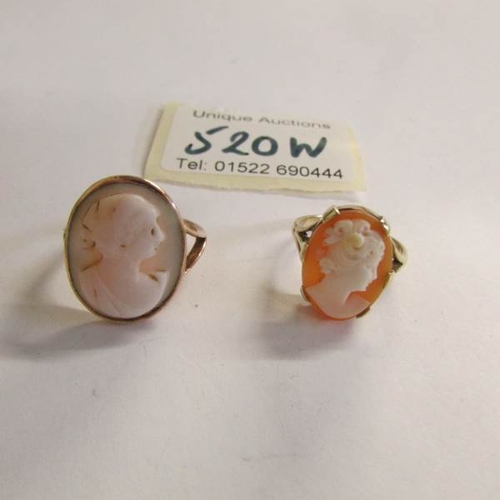 520W - 2 9ct gold cameo rings, sizes K and N.