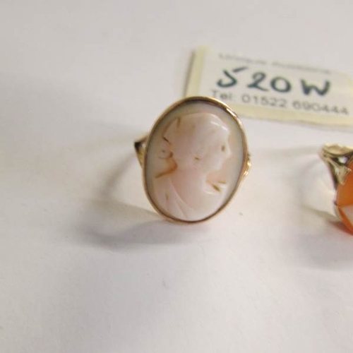 520W - 2 9ct gold cameo rings, sizes K and N.