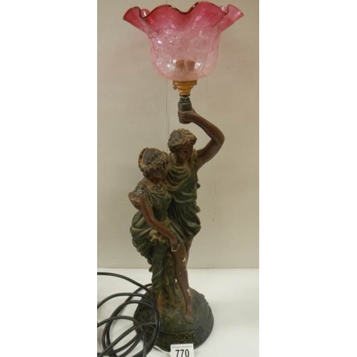 770 - A bronzed effect figure group table lamp with cranberry glass shade.