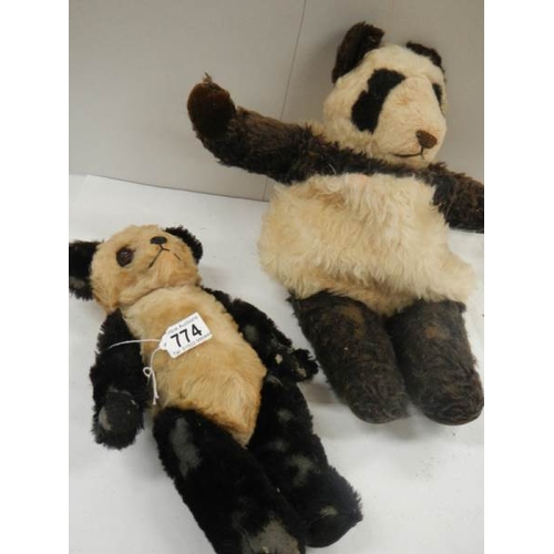 774 - A 1920's English panda and a nightdress case, well worn.