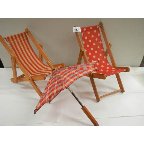 669 - 2 dolls deck chairs and parasol;