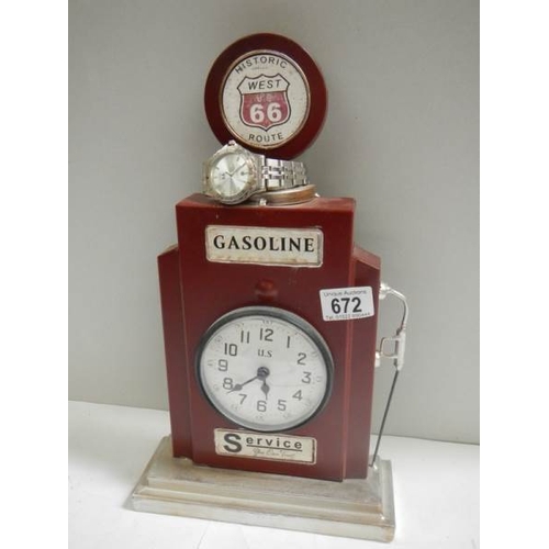 672 - A Historic West Route 66 clock in the shape of a petrol pump together with a Route 66 wrist watch (c... 