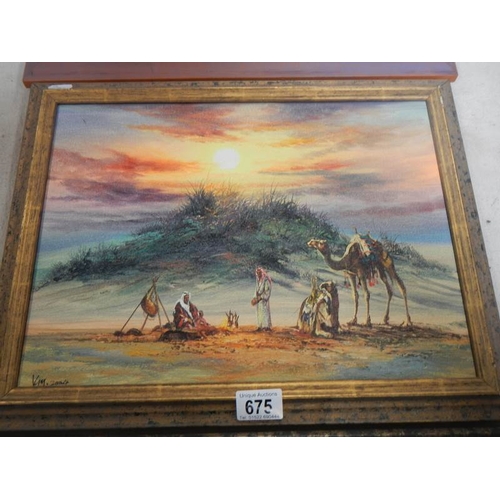 675 - 3 Egyptian scene oils on canvas featuring camels.