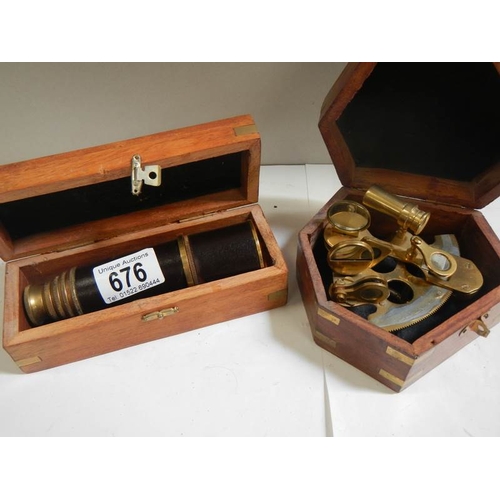 676 - A brass 3 drawer 20th century telescope and a small cased sextant.