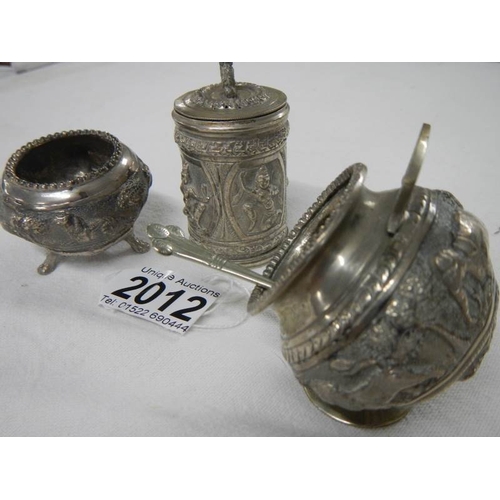 2012 - A foreign silver 3 piece condiment set.