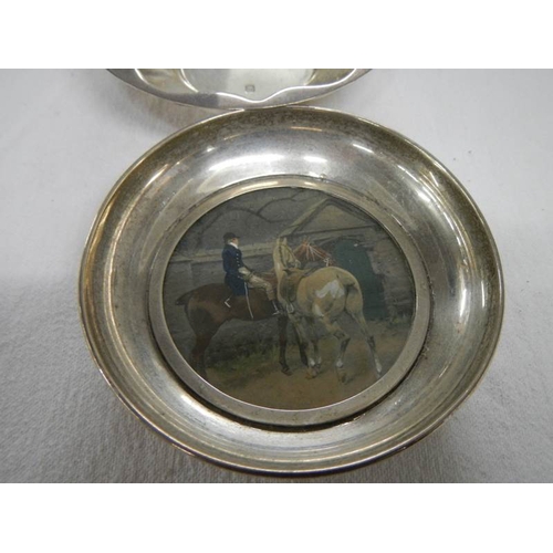 2015 - 2 hall marked silver dishes, one depicting a horse and jockey (possibly hand painted).