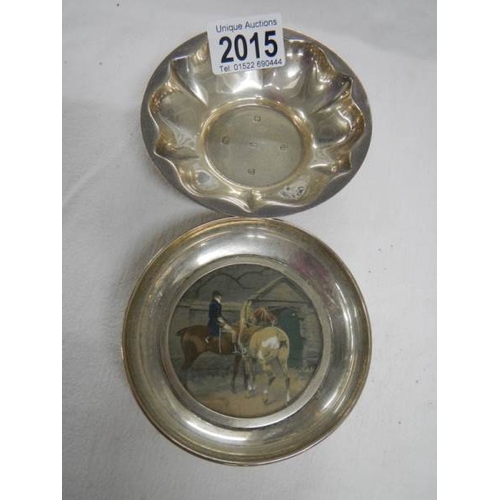 2015 - 2 hall marked silver dishes, one depicting a horse and jockey (possibly hand painted).