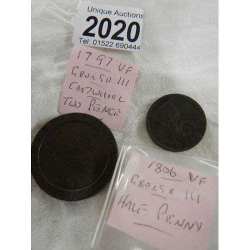 2020 - A 1797 cartwheel two pence and a George III halfpenny.