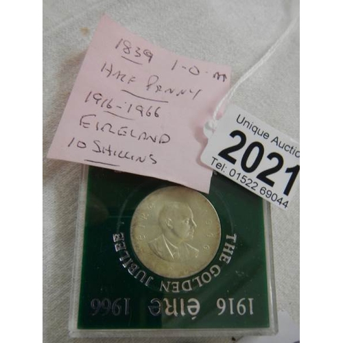 2021 - An Isle of Man halfpenny and an Irish commemorative coin.