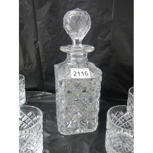 2116 - An old style hobnail cut glass decanter and a set of 6 Stuart crystal whisky tumblers.