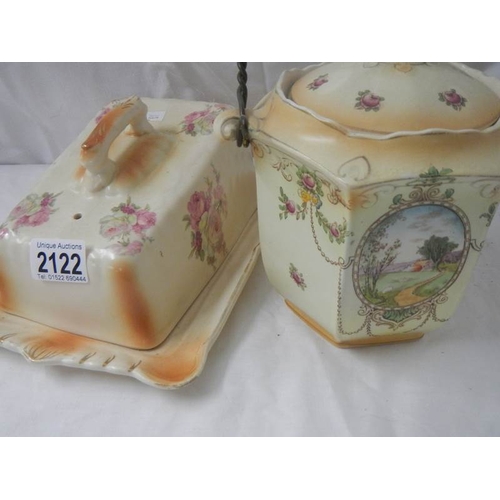 2122 - An old biscuit barrel and a cheese dish, in good condition.