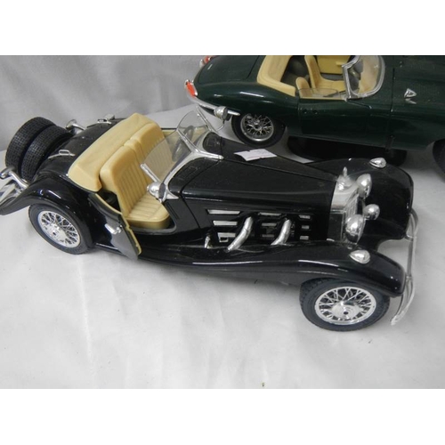 2132 - 3 Burago model cars being Mercedes 500K Roadster and 2 Jaguar E.