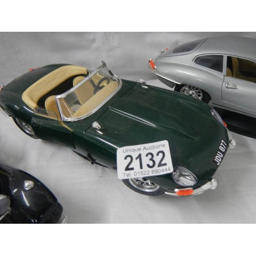 2132 - 3 Burago model cars being Mercedes 500K Roadster and 2 Jaguar E.