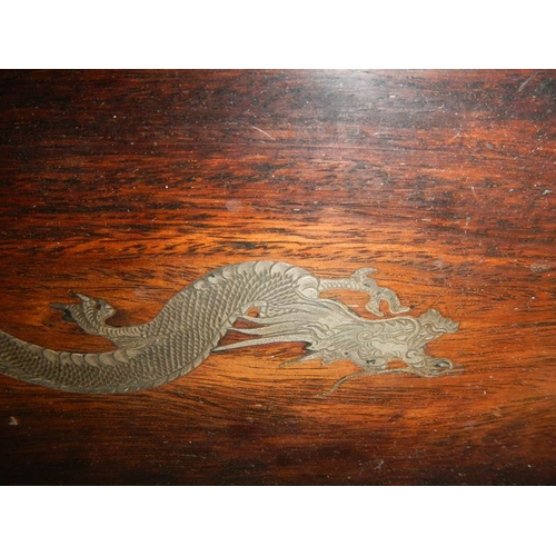 2204 - A Chinese rosewood tray with silver embellishments including dragon in centre.