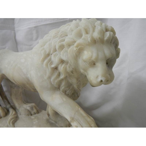 2215 - A matching pair of Victorian alabaster lions on bases.