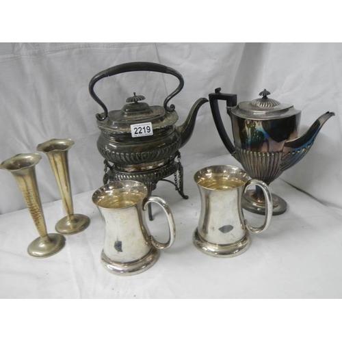 2219 - A Victorian pewter kettle on stand, pair of spill vases, coffee pot etc.,