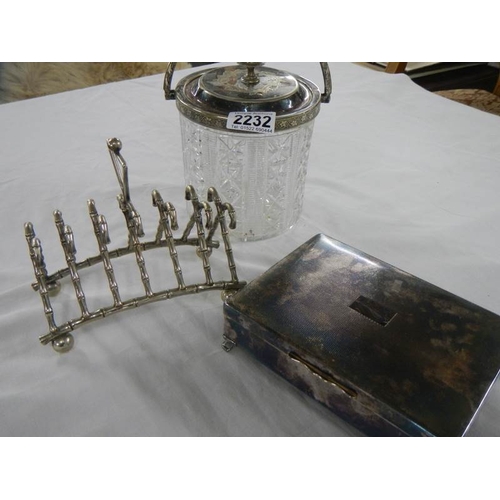 2232 - A cut glass biscuit barrel, a toast rack and  a silver plate cigarette box.