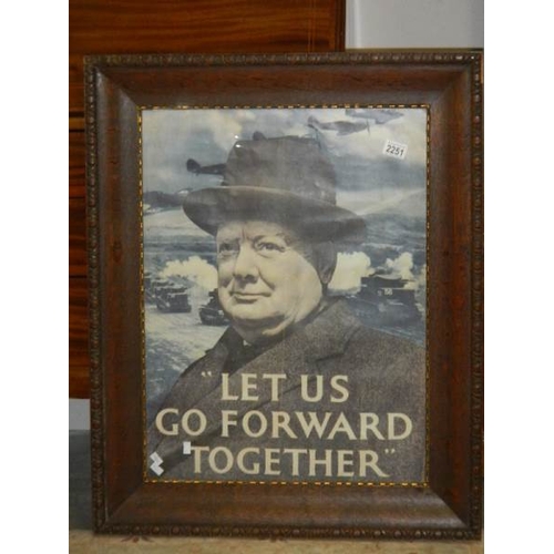 2251 - A large retro WW2 Churchill poster 'Lets Go Forward Together' in period oak frame.