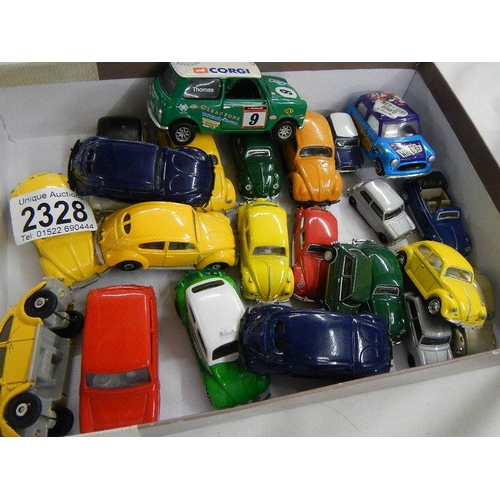 2328 - approximately 24 die cast cars including Volkswagen Beetles and Mini's etc.,