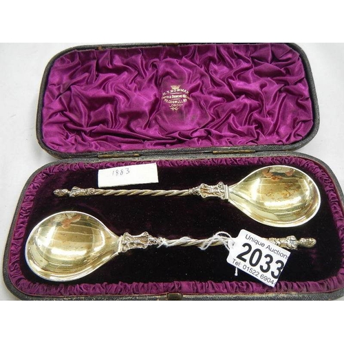 2033 - A pair of good hall marked silver spoons, 1883.