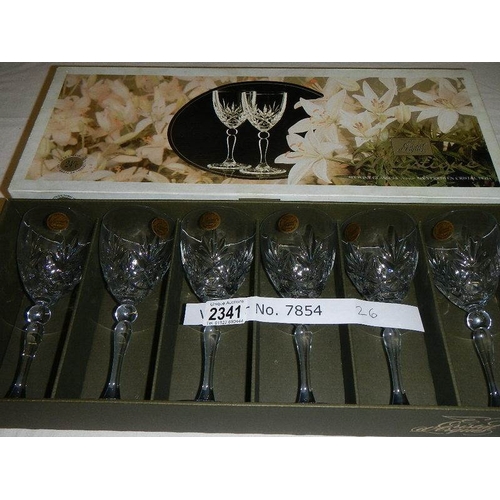 2341 - A boxed set of 6 Mystique Crystal D'arques quarter ounce wine glasses, made in France 1995.