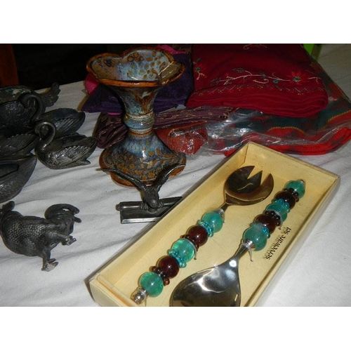 2348 - A good mixed lot of interesting items including old pewter (some a/f), textiles etc.,