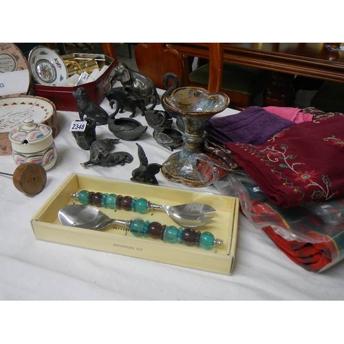 2348 - A good mixed lot of interesting items including old pewter (some a/f), textiles etc.,