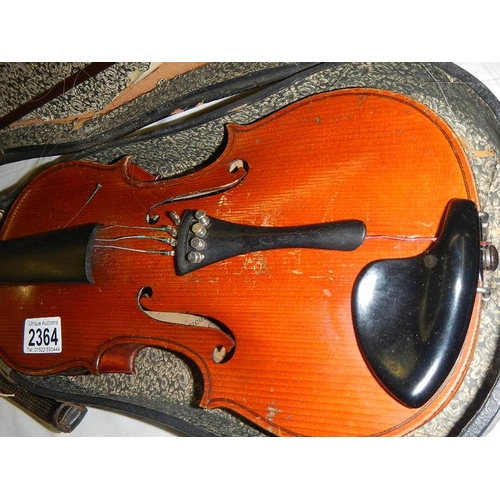 2364 - An old cased Nicholas Bertholini violin with bow, in need of repair.