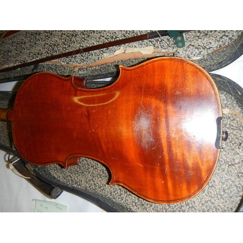 2364 - An old cased Nicholas Bertholini violin with bow, in need of repair.