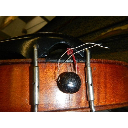 2364 - An old cased Nicholas Bertholini violin with bow, in need of repair.