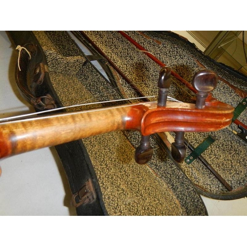 2364 - An old cased Nicholas Bertholini violin with bow, in need of repair.