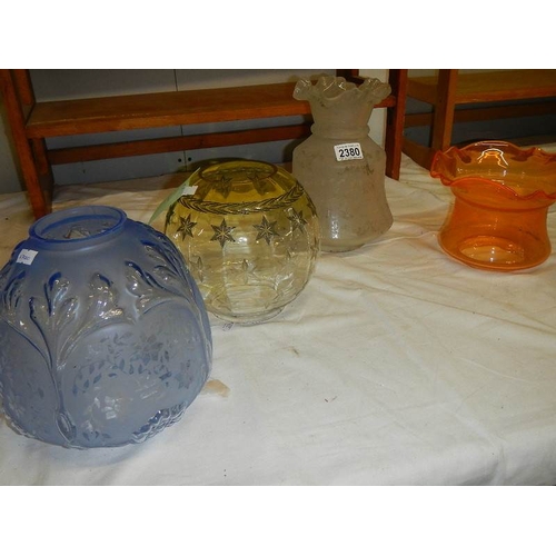 2380 - 5 glass oil lamp shades in good condition.