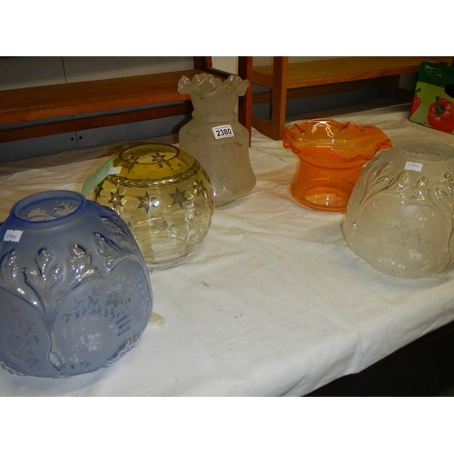 2380 - 5 glass oil lamp shades in good condition.