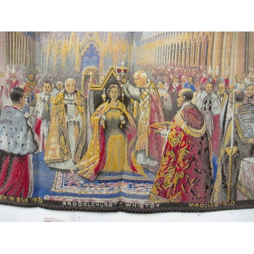 2037 - A 1953 coronation silk by Brocklehurst Whiston, Macclesfield with 2 other items.