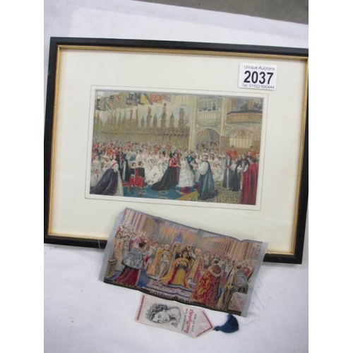 2037 - A 1953 coronation silk by Brocklehurst Whiston, Macclesfield with 2 other items.