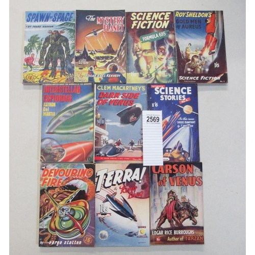 2569 - A good collection of 10 early Sci-Fi pulp magazines / books including Spawn of Space, Terra, Gold Me... 