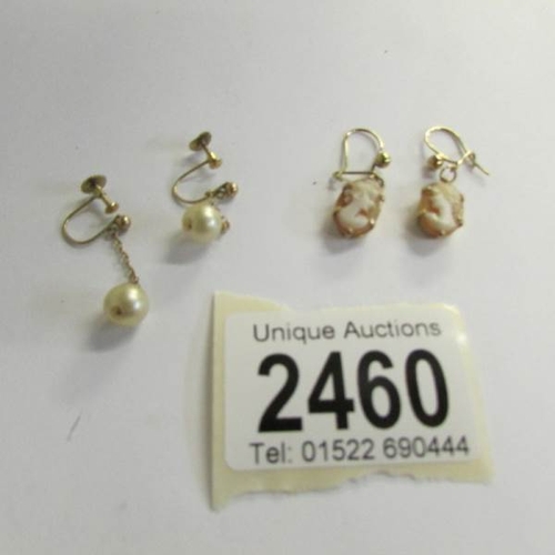 2460 - 2 pairs of 9ct gold pendant earrings including relief carved cameo and pearl drop earrings.