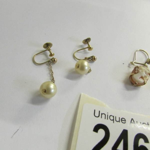 2460 - 2 pairs of 9ct gold pendant earrings including relief carved cameo and pearl drop earrings.