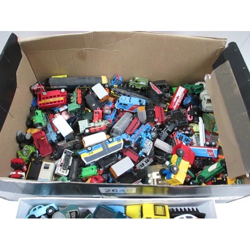 2645 - Box containing various miniature train and vehicle toys and various car themed keyrings