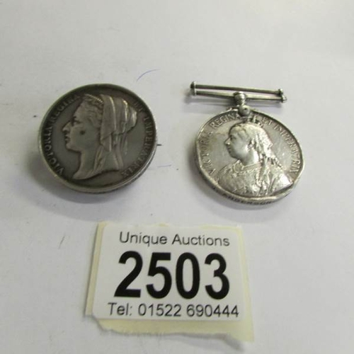 2503 - 2 Victorian silver medals (one made in to a brooch).