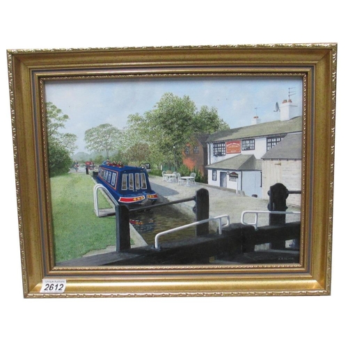 2612 - Oliver, A.R. An oil on board in gilt frame entitled Passing the Willeymoor Lock Inn (frem 50cm wide,... 