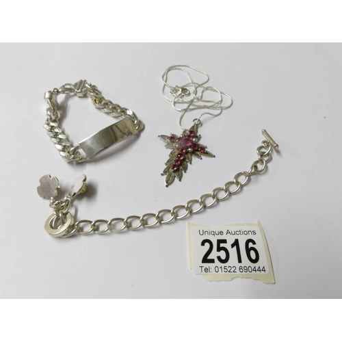 2516 - 2 silver bracelets and a cross pendant on chain.