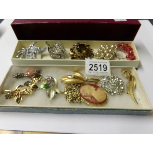 2519 - 10 assorted brooches, a pendant and a pair of earrings.