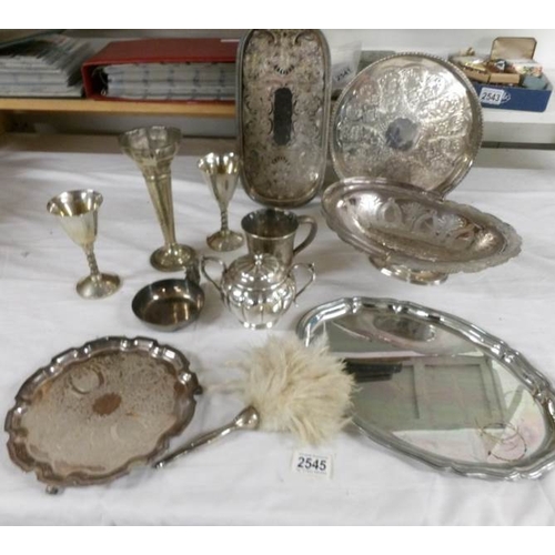 2545 - A mixed lot of silver plate including trays, basket, spills etc.,