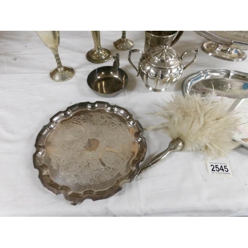 2545 - A mixed lot of silver plate including trays, basket, spills etc.,